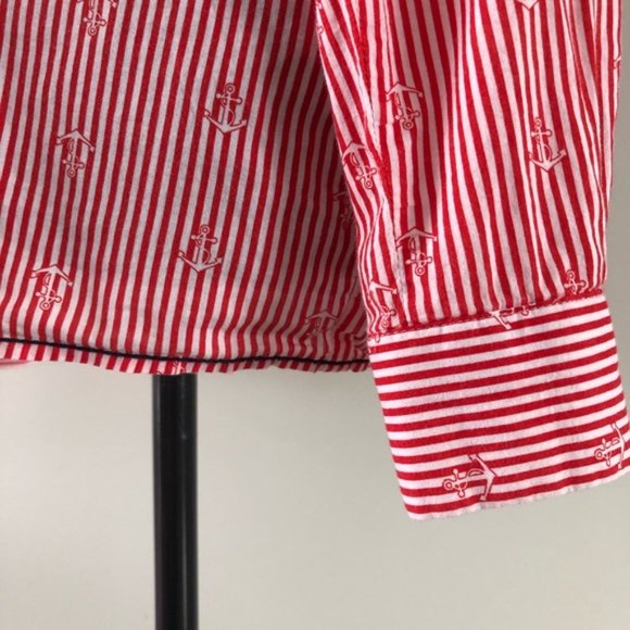 Womens Milano Stripped Red Anchor Nautical V neck button up blouse size 36 - Picture 6 of 14